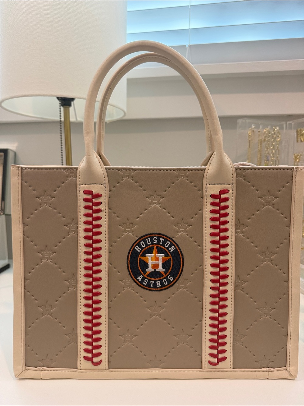 Montana West Beige Quilted Tote with Red Stitching and Astros Patch